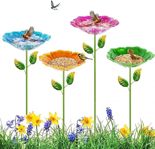 4 Pack Bird Baths for Outdoors, Colorful Metal Bird Bath for Outside, Hummingbird Bath with Five Stakes, Garden Flower Small Birdbath for Garden Decor (Red,Yellow,Blue,Green)
