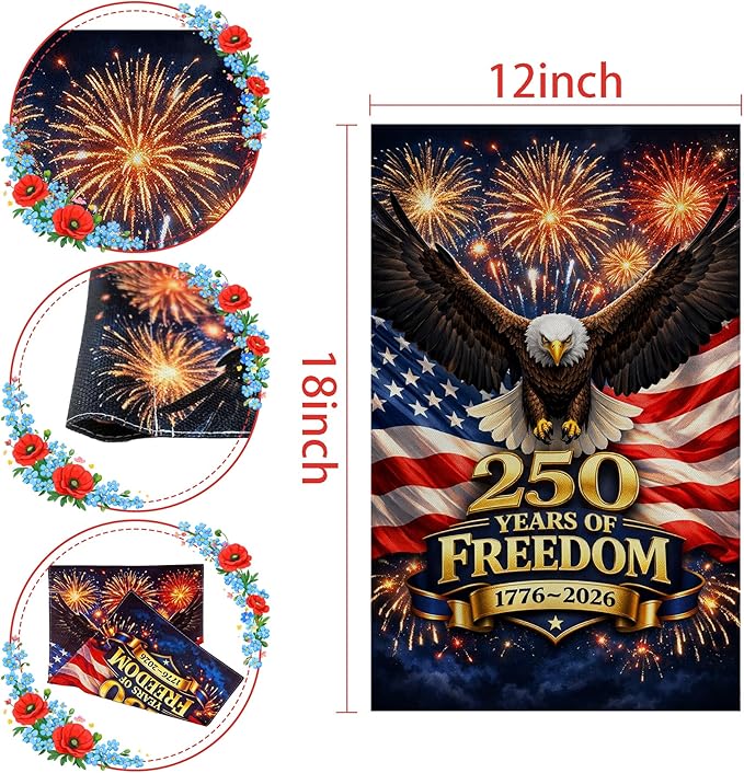 4th of July Decorations - 250th Anniversary Garden Flag | 250 Years of Freedom 1776-2026 Merchandise Double Sided Patriotic Banner, Fourth of July Decor for Garden Yard Porch Patio Lawn Outdoor Outside Accessories