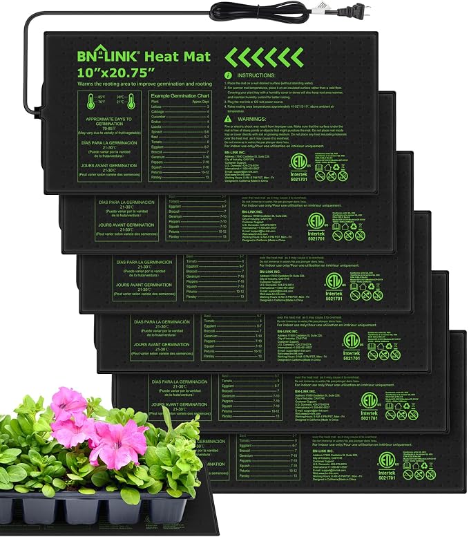 BN-LINK Seedling Heat Mats for Seed Starting 10" x 20.75", 6 Pack Waterproof Warming Mat Plant Heating Pad for Seed Germination, Indoor Growing, Hydroponic, Greenhouse, ETL Listed