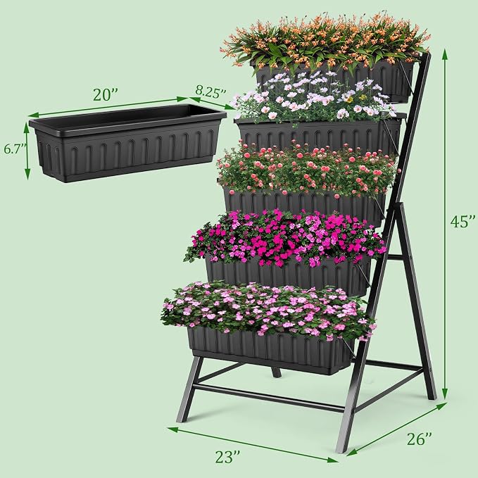 TEANDE Vertical Raised Garden Bed, 5-Tier Elevated Planter Box w/Drainage System & 4 Hooks for Herbs Vegetables Flowers, Vertical Garden Planter for Patio Yard Indoor Outdoor
