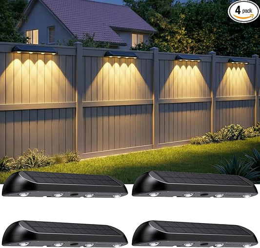 11.81inch Solar Fence Lights Outdoor Waterproof, 3-Mode (3000K/4000K/6000K),4 LED with Upgraded High-Efficiency Solar Panel & Wide Beam for Backyard/Patio/Deck/Step/Home Improvement(4 Pack)