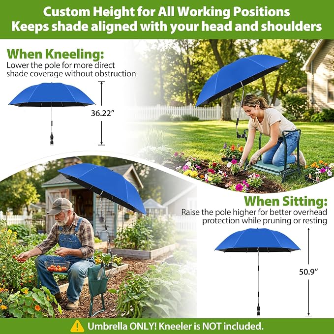 Garden Kneeler Umbrella,42” Large Chair Umbrella with Universal Clamp, 360°Swivel and UPF 50+ Protection,Folding Clip on Umbrellas for Garden Seat Bench Beach Chairs Strollers Golf Carts, NO KNEELER