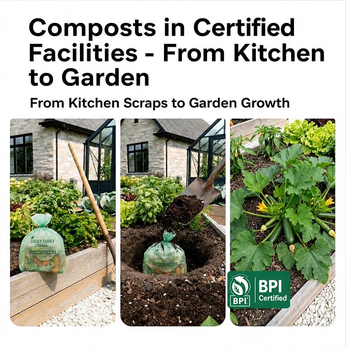 Compostable Trash Bags for Kitchen Compost Bins - 13 Gallon Drawstring Compost Bags, Green Compostable Bags Heavy Duty 1.02 Mil, 49.2 L Tall Kitchen Food Scrap Bags, BPI ASTM D6400, PFAS-Free