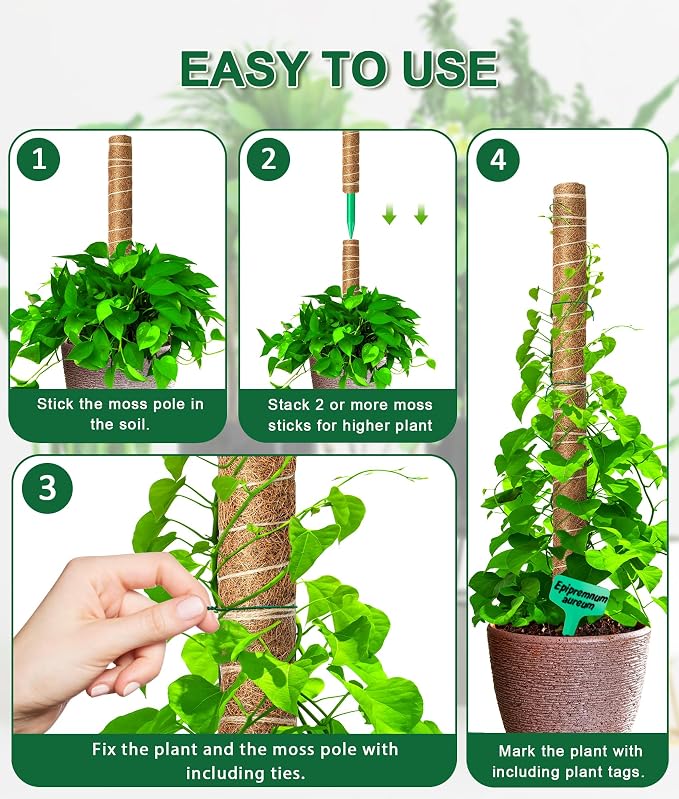 EAONE Moss Pole 126 Inch, 6 Pack 21" Monstera Plant Support for Climbing Potted Live Plants Indoor, Stackable Coco Coir Moss Sticks Monstera Stakes for Pothos Philodendron, with Garden Labels & Ties