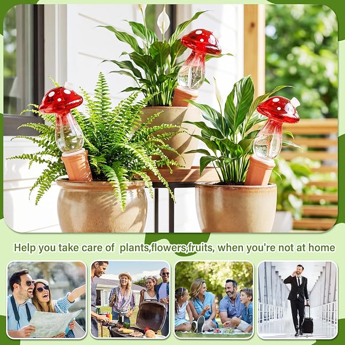Teenyyou 3 Set Glass Self Watering Globes with Terracotta Self Watering Spike 12 oz Large Glass Waterer Bulbs Automatic Water Planter Insert Plant Water Device for Indoor Outdoor Plant(Red,Mushroom)