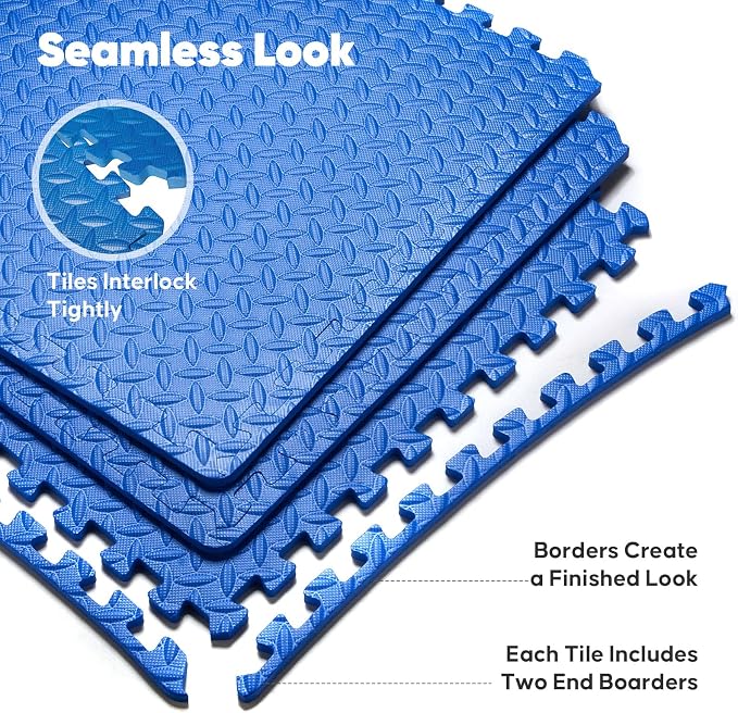 32 Pack Home Gym Mat, Puzzle Exercise Mat,EVA Interlocking Foam Floor Tiles for Home Workout Equipment and Kids' Play Areas - Blue, 24 in x 24 in x ½ in - 32 Tiles (Blue, 32 Pack 128 sq ft)