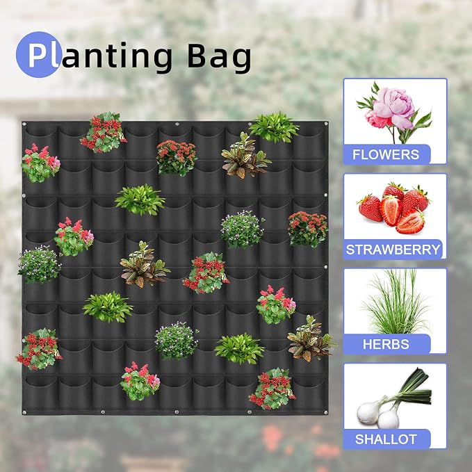 72 Pockets Hanging Planter Bags, Hanging Vertical Wall Mounted Plant Planting Grow Bags, Herb Garden Planter Outdoor Indoor Growing Bag, Gardening Vertical Greening Flower Container(1m×1m, Black)