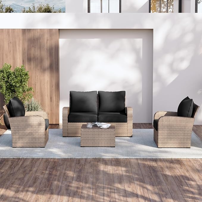 Aoxun Replacement Cushions for Outdoor Furniture, 4-Piece Outdoor Cushions for Patio Furniture, Deep Seat, Waterproof & Fade Resistant Couch Cushion for 4-Seat Patio Conversation Sets, Black