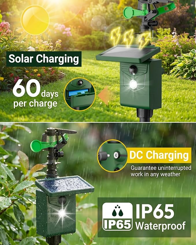 Motion-Activated Sprinkler, Solar Animal Repellent Outdoor - 1 Packs Deer Cat Deterrent with Motion Sensor & Flashing Lights, Protects Yard & Garden from Deer, Cats, Raccoons