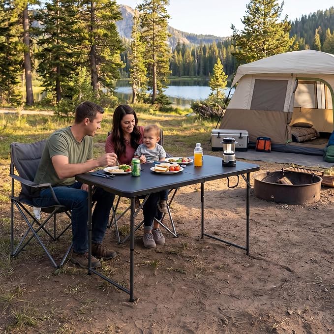 Byliable Folding Table 4 Foot, Heavy Duty Portable Plastic Fold-in-Half Utility 4ft Folding Table with Carrying Handle for Indoor Outdoor, Camping Picnic Party, Black
