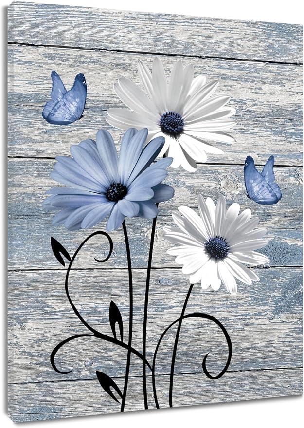 MYUSRE Blue and White Flower Wall Art for Bathroom, Farmhouse Daisy with Butterfly on Retro Wooden Canvas Wall Art Country Wildflower Pictures for Bedroom Home Wall Decor, 20L X 16W inches