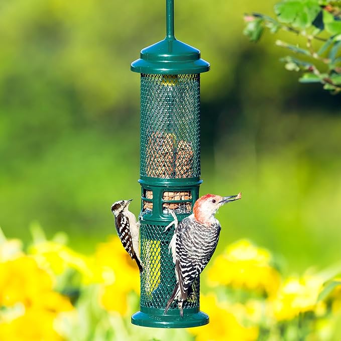 Squirrel Buster Nut Feeder Squirrel-Proof Bird Feeder for Shelled Peanuts & Dried Fruit, Weight-Adjustable, Woodpecker Friendly, 1.3lb Capacity with 2 Interchangeable Meshes