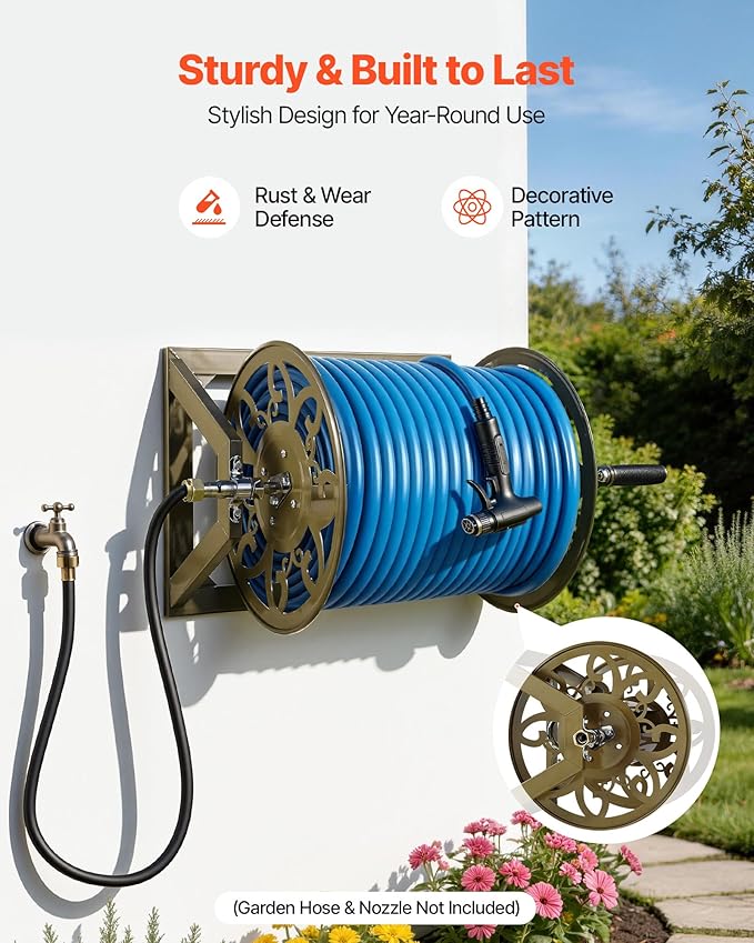 VEVOR Wall Mounted Garden Hose Reel, Holds 200 Feet of 5/8-inch Hose, Outdoor Heavy-Duty Waterhose Holder Winder, with Brass Connector, Decorative Pattern, Bronze Finish, for Backyards and Gardens