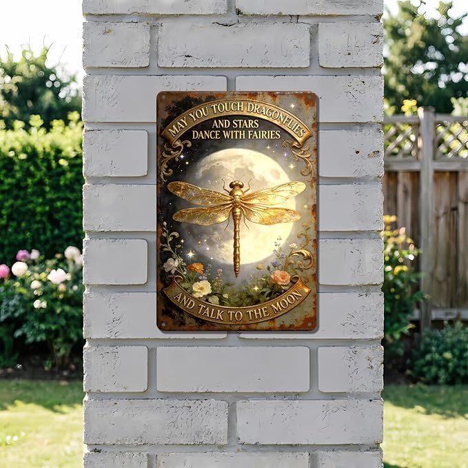 2D Flat Funny Garden Signs, Touch Dragonflies And Dance With Fairies Vintage Garden Decor, Outdoor Wall Decor for Patio Yard Greenhouse, Waterproof Dragonfly Gift for Home 8x12 Inch