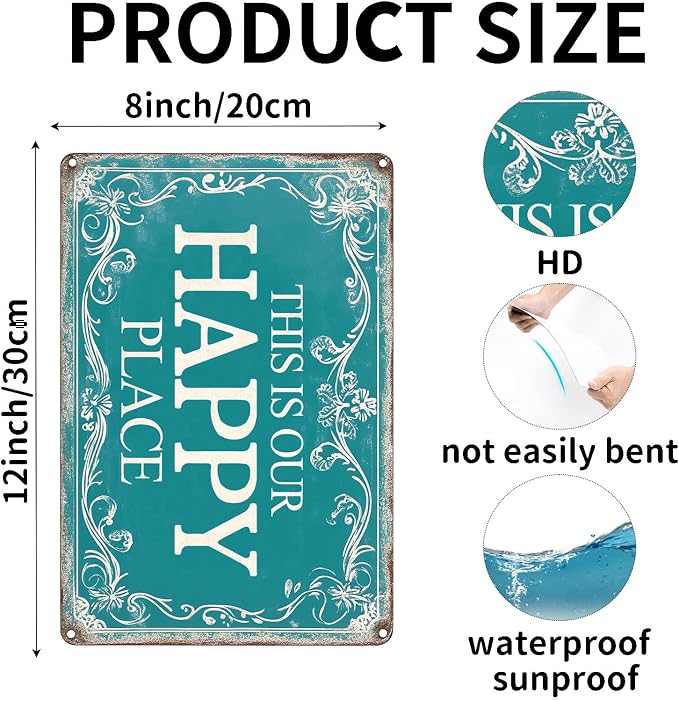 Funny Sign This Is Our Happy Place Metal Tin Sign Retro Wall Decor for Kitchen Cafe Garage Bar Garden Bedroom 12×8 Inch