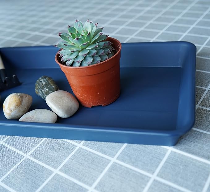 VUWEZ 2 Pack of Blue Plastic Rectangular Plant Tray, Plant Saucer for Indoors & Outdoors, 6.5 X 13 Inch, Modern Glossy Finish