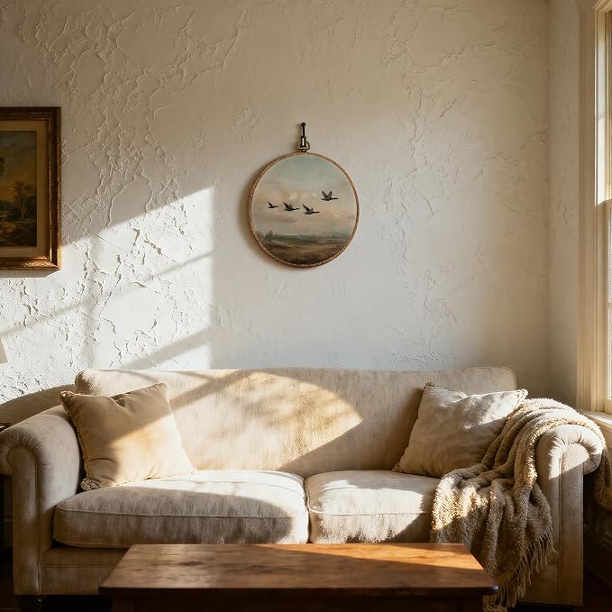 DOFQZ Vintage Flying Duck Round Wall Art Decor, Rustic Farmhouse Landscape Framed Wall Art, Retro Country Mallard Duck Canvas Wall Hanging Decor for Home Bedroom Living Room, 10x10