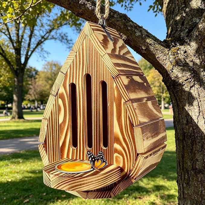 Teardrop-Shaped Wooden Butterfly Habitat & Feeder | Butterfly House and Feeder, Hangable Habitat Supports Breeding, for Backyard Balcony Yard Wedding Enthusiasts Gardeners Professionals Hobbyists