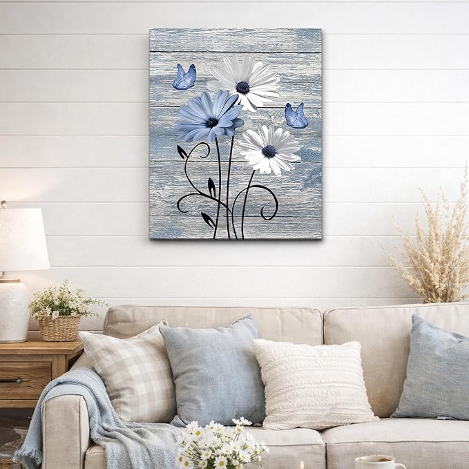 MYUSRE Farmhouse Blue Floral Canvas Wall Art, 16L X 12W Inch | Rustic Wood Daisy Butterfly Framed Wall Art Country Flower Pictures Wall Decor Ready to Hang