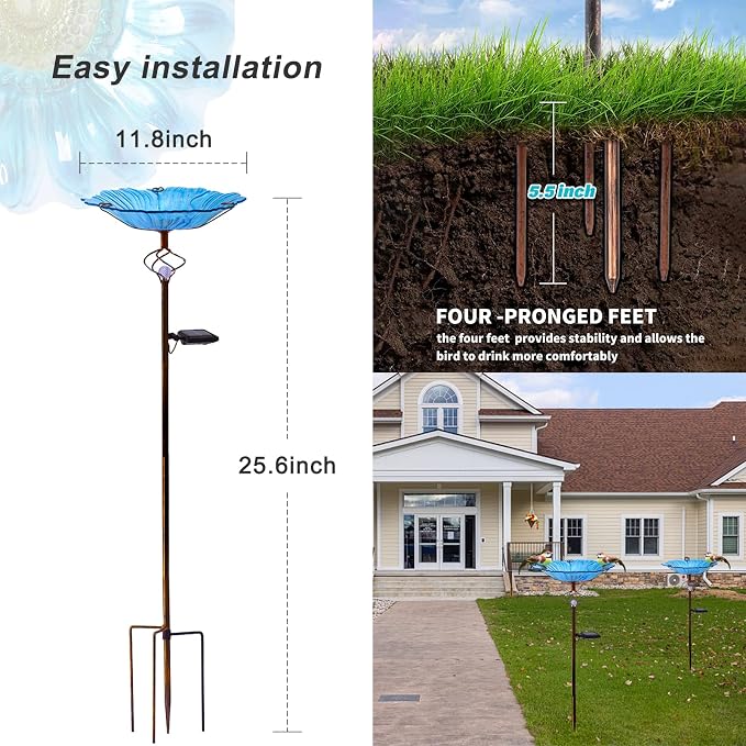 Homight Solar Glass Blue Bird Bath, Yard Art，Garden Outdoor Birdbath with Metal Stake with White LED Light Metal Stake Garden Decor Gift