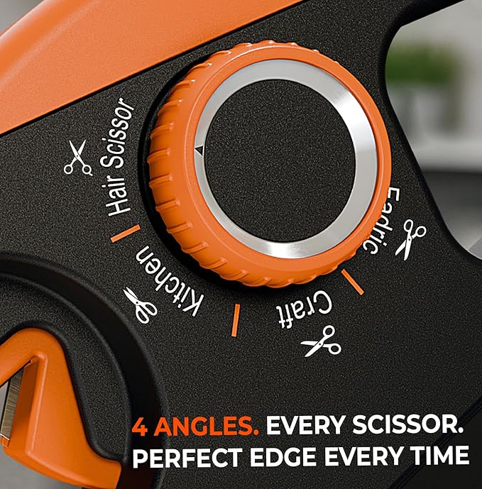 Scissors Sharpener – 4 Angle Settings for Kitchen, Fabric, Hair & Craft Scissors – Quick, Safe Sharpening for All-Purpose & Heavy-Duty Scissors – Right Hand Use
