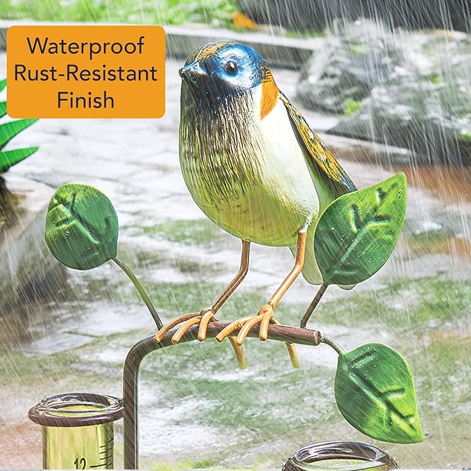 Bits and Pieces Bird Rain Gauge - 5 Inch Glass Rain Gauge with Metal Stake, Decorative Bird Yard Stake Lawn Garden Décor