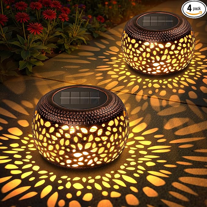 Solar Lanterns Outdoor Waterproof, 4 Pack Flower Petal Solar Garden Lights with 2 Lighting Colors, Vintage Metal Outdoor Patio Garden Decor - Unique Gifts for Women Mom Sisters Birthday