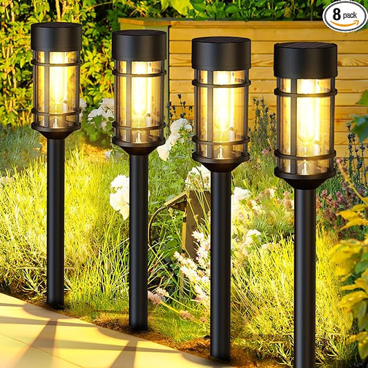 ILANCK Solar Lights Outdoor Waterproof, 8 Pack 21" Solar Pathway Lights with Metal & Glass, Auto On/Off Garden Lights for Yard, Landscape, Driveway Walkway