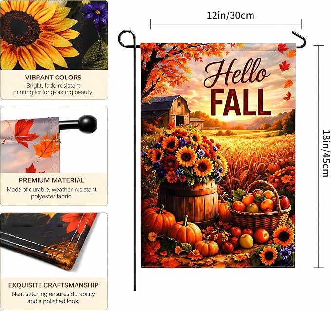 Fall Decor - Hello Fall Garden Flag | Double-Side Autumn Decor for Outdoor Indoor Outside Home - Thanksgiving Friendsgiving Decorations Banner for Garden Porch Patio Lawn Yard Party Favors Supplies
