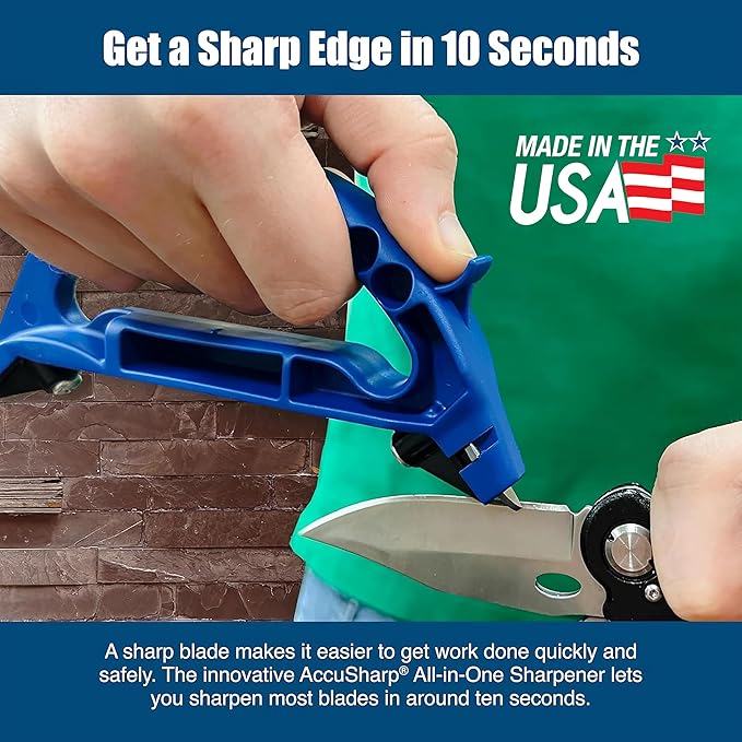 AccuSharp All-in-One Sharpener, All Purpose Sharpener for Knives, Scissors, Garden Tools, Sharpens & Restores Serrated Knives, Cleavers, Axes, Machete, Blue