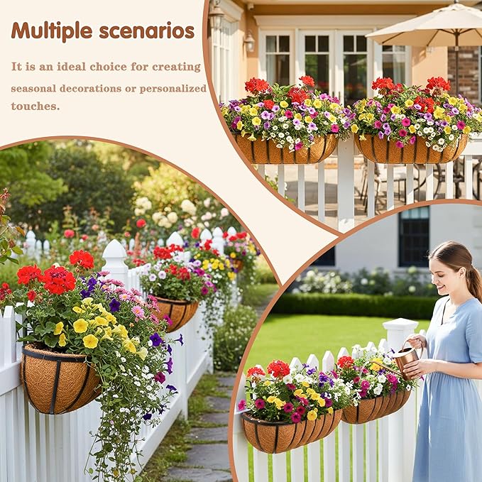 2 Pcs 24“ Railing Planter Window Box Deck Railing Planter Boxes with Coco Liner English Horse Trough Planters Metal Wall-Mounted Planters Basket for Outdoor Balcony Porch Fence Patio Rail