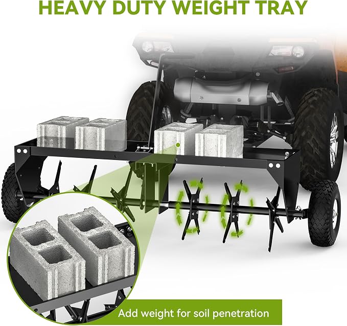 AUTOSAVER88 40" Tow Plug Lawn Aerator with Universal Hitch & Adjustable Handle for Lawn, Farm and Garden, Tow Behind Aerator with 24 Steel Tines & 10" Inflatable Wheels, Aerator Lawn Tool, Black