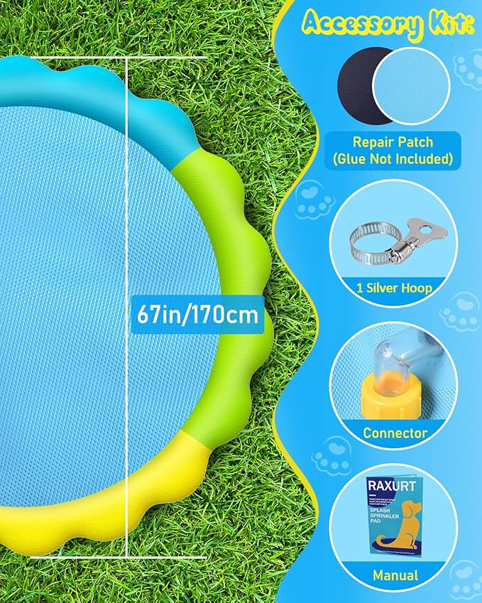 Raxurt Splash Pad, 67in Anti-Slip Splash Pad for Kids Dogs 0.55mm Thickened Durable Dog Pool Summer Outdoor Water Toys Backyard Fountain Play Mat, Colorful