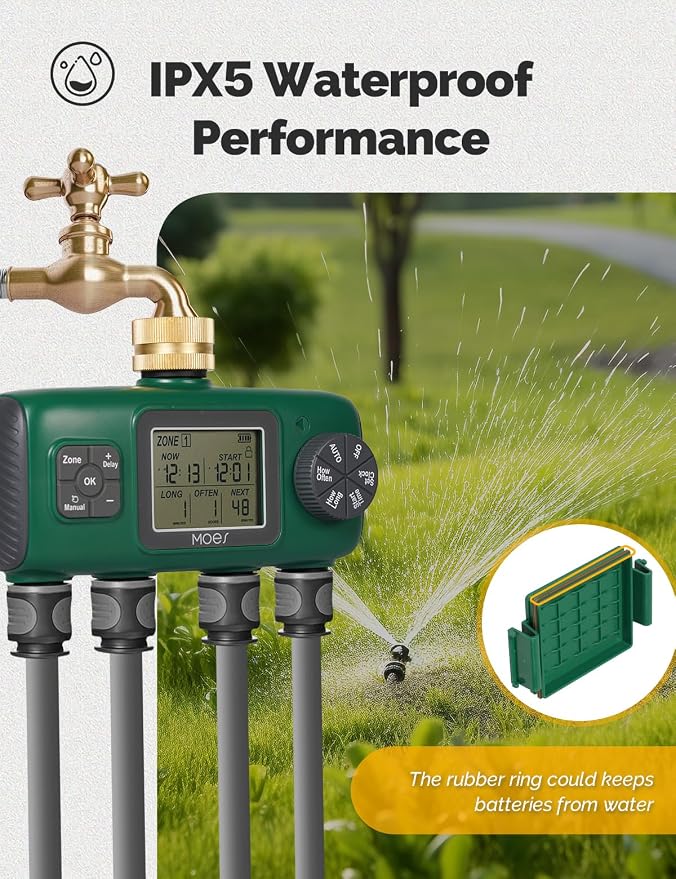 MOES 4 Outlet Sprinkler Timer, Brass Inlet, Programmable Automatic Irrigation Controller, Rain Delay, Manual Watering, 4 Zone Water Hose Timer for Gardens, Lawns, Hose Systems