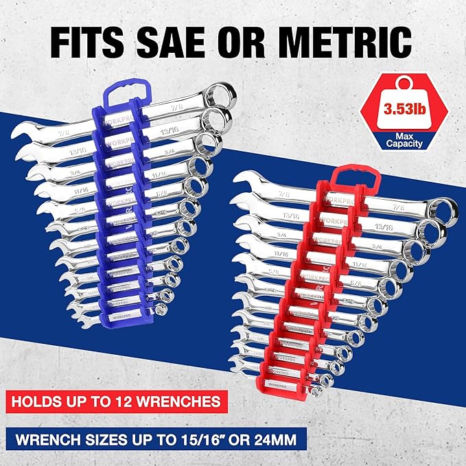 WORKPRO 2-Pack Magnetic Wrench Organizer, 12-Piece Gripper Wrench Holder for Stubby or Line Wrenches, Fits SAE (1/4" to 15/16") and Metric (6mm to 24mm), Flexible Teeth