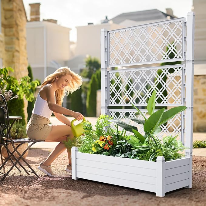EasyUp 21 Gallon Raised Garden Bed with Trellis for Climbing Plants, Anti-Rust Resin Outdoor Planter Box with Drainage Holes for Backyard Patio Balcony (Ashen)