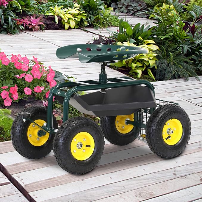 Garden Cart Rolling Work Seat Patio Wagon Scooter for Planting with Utility Tool Tray and Basket, Green