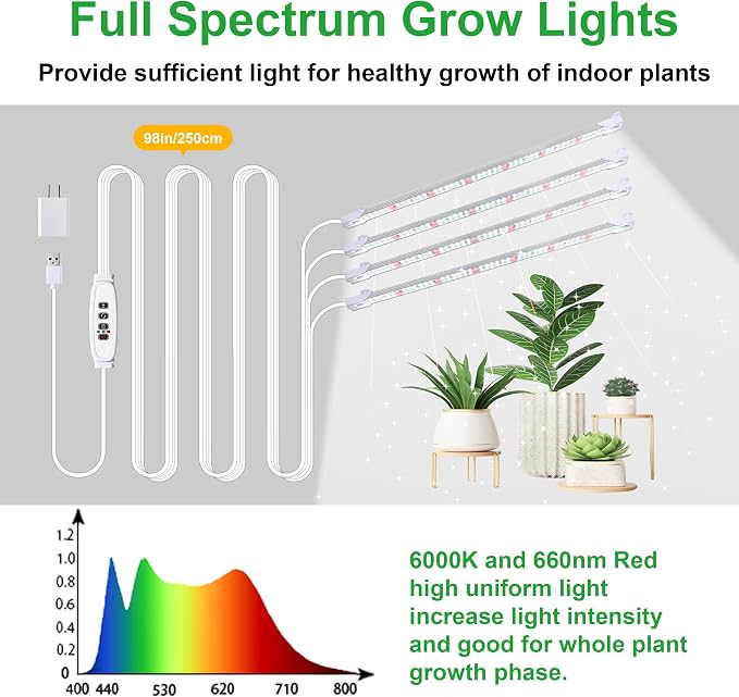 RWNTAO Grow Lights for Indoor Plants, 13" Grow Light Strips with Timer 3/9/12 H, 10 Dimmable Levels, 192 LEDs Full Spectrum Sunlight Plant Growing Lamp for Indoor Greenhouse Seedlings, 4 Head