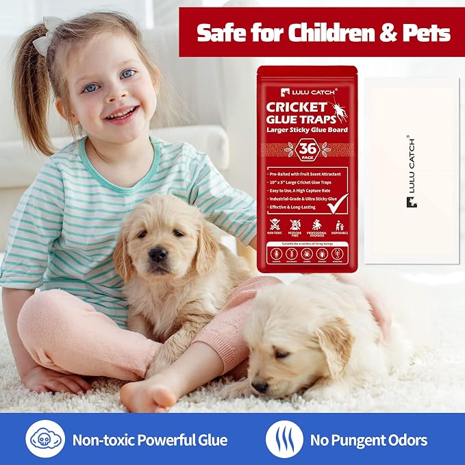 LULUCATCH Cricket Insect Glue Traps - 36 Pack Bug Cockroach Sticky Traps, Large Spider Trap with Pre-Baited Attractant, Highly Effective Glue Boards Indoor, Non-Toxic Pet Safe, Easy to Use