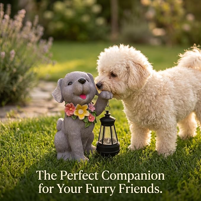 Dog Solar Light, Solar Dogs Statues Outdoor with Lantern, Cute Dogs Garden Figurines for Patio and Yard Decor, Gardening Gifts for Mom, Grandma, Dog Lovers