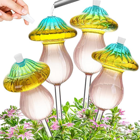11 oz Large Plant Watering Globes, Glass Self Watering Globes, Gradient Color Mushroom Self Watering Planter Insert, Vacation Plant Watering Devices, Automatic Watering Bulbs (Large-4 Pack)