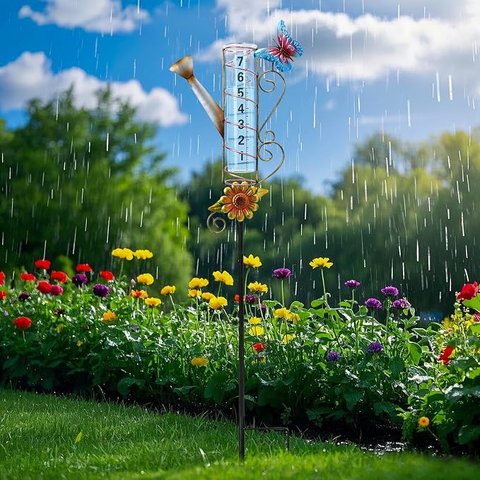 WONDER GARDEN Rain Gauge Outdoor, Decorative Kettle-Shape Rain Gauges Outdoors Best Rated, Freeze Proof Glass Water Rain Measure Gauge with Butterfly for Yard Patio Lawn Decor