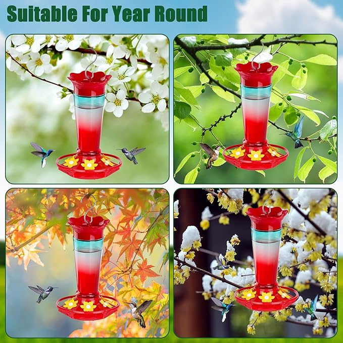 Gbekery Glass Hummingbird Feeders for Outdoors Hanging Ant and Bee Proof Red & Blue 10OZ 2Pack Bird Feeders for Outside Hanging 6 Feeding Stations Bird Nectar Feeder for Garden Yard Décor Gift for Mom