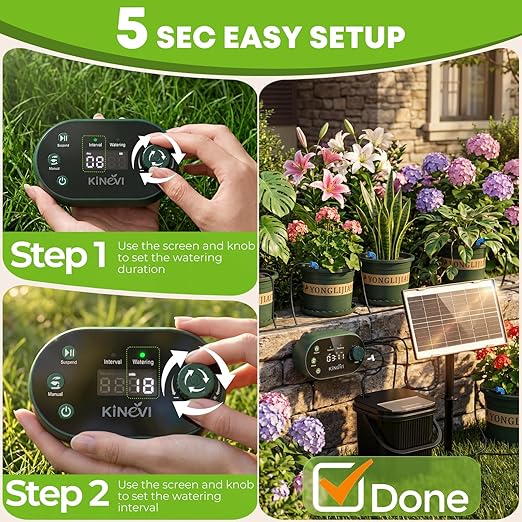 Solar Drip Irrigation System Kit, Auto Watering Kit for 15 Pots, 3W Solar Powered Auto Easy DIY Watering Device,22 Timing Modes with with Anti-Siphoning Device & Buckets and Flower Pots