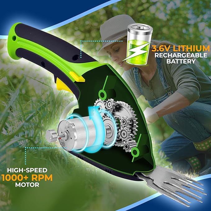 Cordless Handheld Grass Cutter Shears | Portable Lightweight Electric Hedge Shrub Trimmers | Hand Held Garden Clippers | Powered with Rechargeable 3.6V Battery | Changeable Trimmer Blades