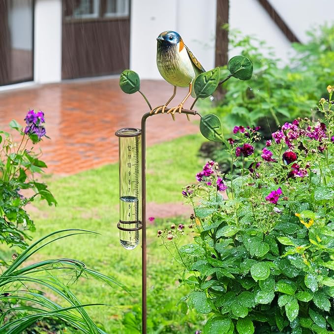 Bits and Pieces Bird Rain Gauge - 5 Inch Glass Rain Gauge with Metal Stake, Decorative Bird Yard Stake Lawn Garden Décor