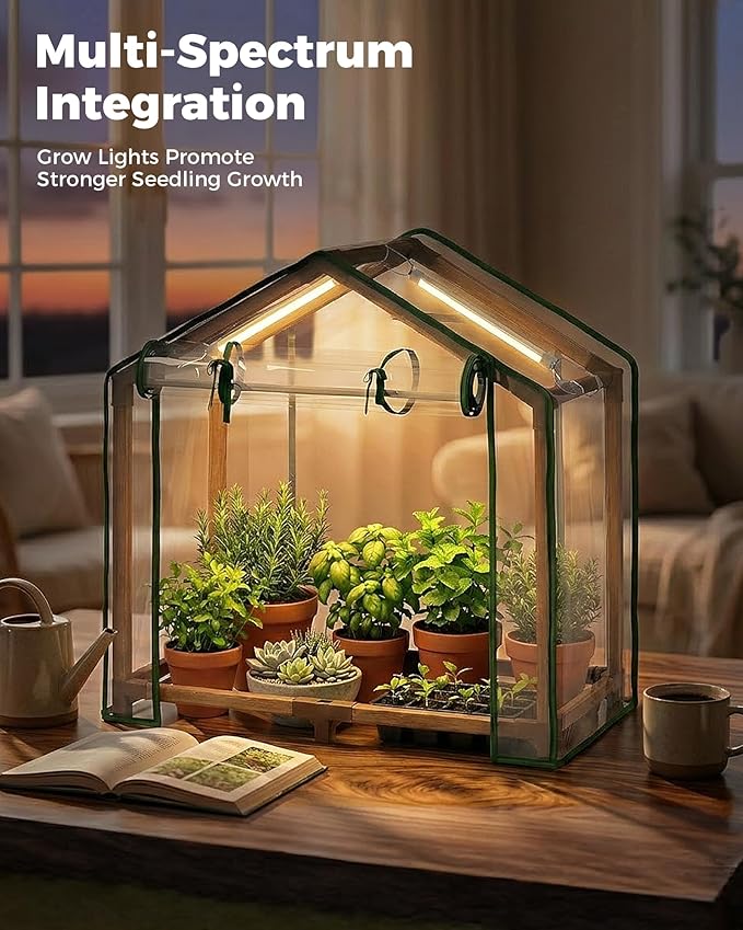 Bamworld Mini Greenhouse Indoor Desktop with Grow Lights Small Grow Tent Reusable Portable Warm House with PE Cover Ventilation Window for Seed Starting