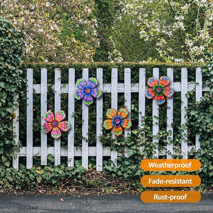 Giyyomtr Metal Flowers Wall Decor - 4pcs Metal Wall Art Hanging Decorations for Outdoor Fence Garden Yard Patio Decor