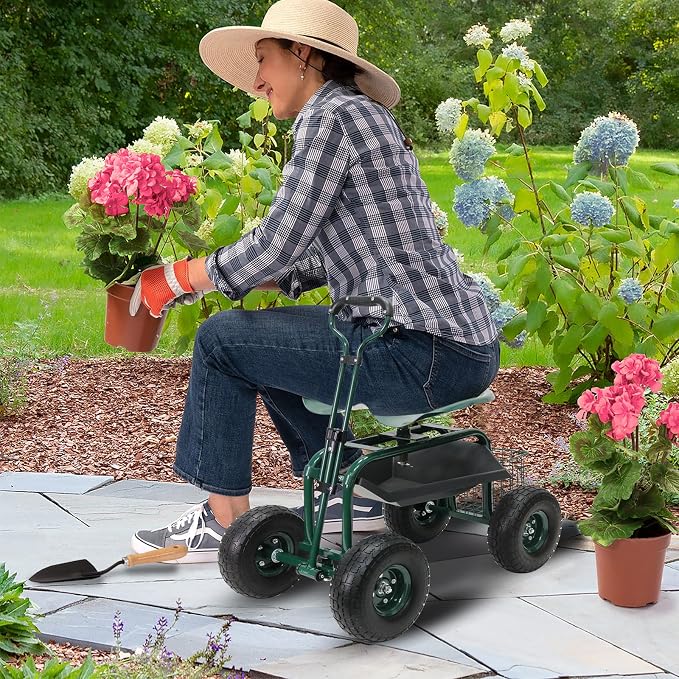 Garden Cart on Wheels,Rolling Garden Cart with Seat,Heavy Duty Gardening Stool with Basket,Adjustable Steering Handle, 360 Degree Swivel Seat for Yard,Patio,and Outdoor