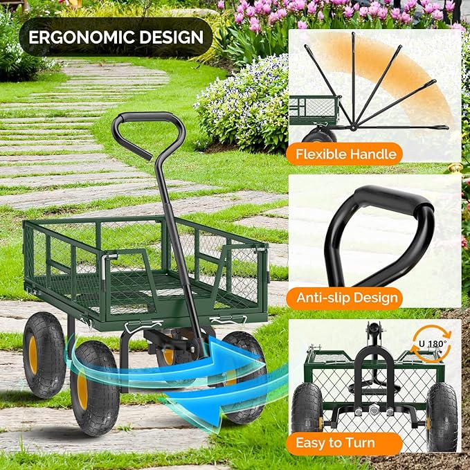 VINGLI Heavy Duty 800 LBS Mesh Steel Garden Cart, Detachable Utility Wheelbarrow, Yard and Garden Wagon Cart with Removable Sides and 10 Inch Wheels (Green)